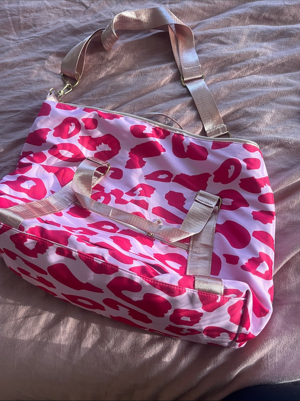 Pink Leopard Print Travel Tote with Metallic Straps